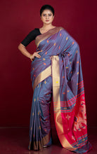 Biswa Bangla Bishnupuri Semi Katan Silk Saree in Blue Grey, Cerise Pink, Off White, Orange and Golden