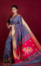 Biswa Bangla Bishnupuri Semi Katan Silk Saree in Blue Grey, Cerise Pink, Off White, Orange and Golden