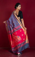 Biswa Bangla Bishnupuri Semi Katan Silk Saree in Blue Grey, Cerise Pink, Off White, Orange and Golden