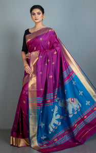 Biswa Bangla Bishnupuri Semi Katan Silk Saree in Magenta, Blue, Off White, Orange and Golden