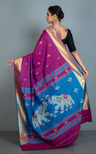 Biswa Bangla Bishnupuri Semi Katan Silk Saree in Magenta, Blue, Off White, Orange and Golden