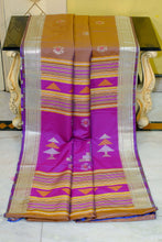 Biswa Bangla Bishnupuri Semi Katan Silk Saree in Golden Brown, Dark Purple, Fire Bush Yellow and Pale Golden