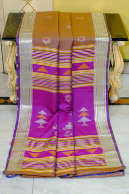 Biswa Bangla Bishnupuri Semi Katan Silk Saree in Golden Brown, Dark Purple, Fire Bush Yellow and Pale Golden