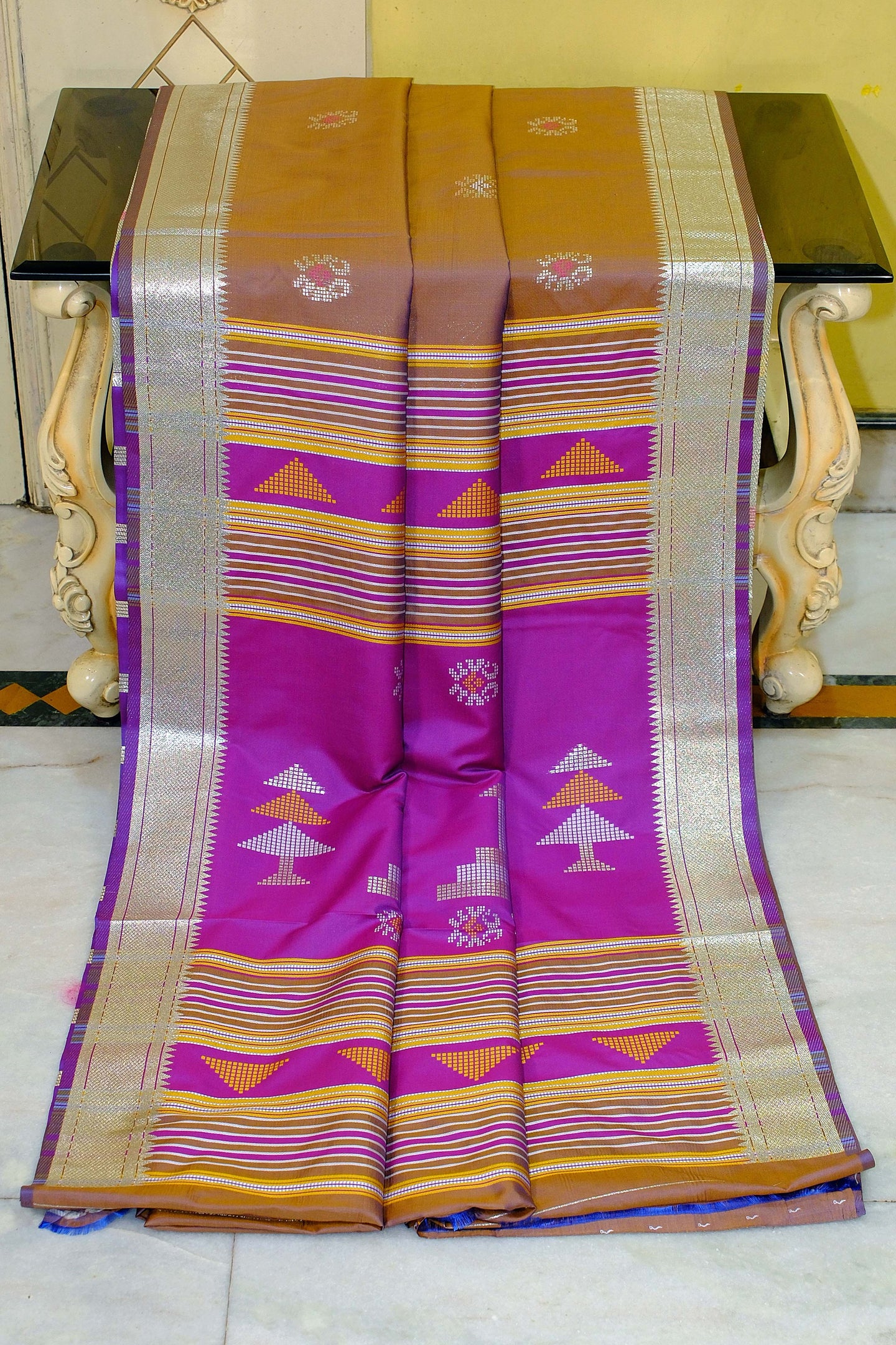 Biswa Bangla Bishnupuri Semi Katan Silk Saree in Golden Brown, Dark Purple, Fire Bush Yellow and Pale Golden
