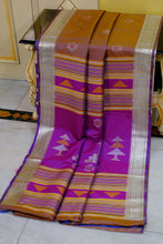 Biswa Bangla Bishnupuri Semi Katan Silk Saree in Golden Brown, Dark Purple, Fire Bush Yellow and Pale Golden