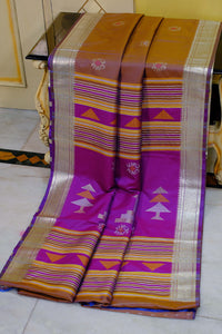 Biswa Bangla Bishnupuri Semi Katan Silk Saree in Golden Brown, Dark Purple, Fire Bush Yellow and Pale Golden