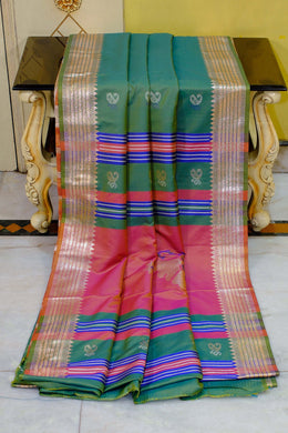 Biswa Bangla Bishnupuri Semi Katan Silk Saree in Elm Green, Mulberry, Royal Blue and Golden