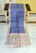 Crowned Temple Woven Nakshi Border Printed Semi Gicha Tussar Silk Saree in Deluge, Off White & Matte Beige