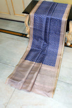 Crowned Temple Woven Nakshi Border Printed Semi Gicha Tussar Silk Saree in Deluge, Off White & Matte Beige