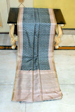 Crowned Temple Woven Nakshi Border Printed Semi Gicha Tussar Silk Saree in Mineral Green, Off White & Matte Beige