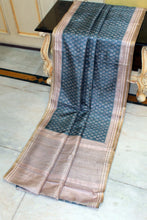 Crowned Temple Woven Nakshi Border Printed Semi Gicha Tussar Silk Saree in Mineral Green, Off White & Matte Beige