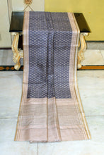 Crowned Temple Woven Nakshi Border Printed Semi Gicha Tussar Silk Saree in Carbon Grey, Off White & Matte Beige