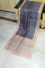 Crowned Temple Woven Nakshi Border Printed Semi Gicha Tussar Silk Saree in Carbon Grey, Off White & Matte Beige
