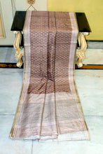 Crowned Temple Woven Nakshi Border Printed Semi Gicha Tussar Silk Saree in Earth Brown, Off White & Matte Beige