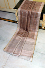 Crowned Temple Woven Nakshi Border Printed Semi Gicha Tussar Silk Saree in Earth Brown, Off White & Matte Beige