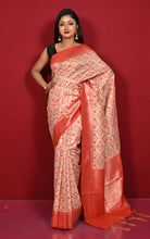 Designer Brocade Jute Katan Silk Saree in Beige and Red