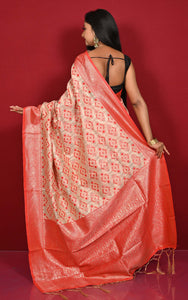 Designer Brocade Jute Katan Silk Saree in Beige and Red