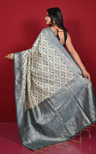 Designer Brocade Jute Katan Silk Saree in Beige and Dark Teal