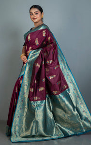 Traditional Paisley Motif Work Katan Silk Sari in Wine, Teal Blue and Golden Zari Work