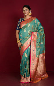 Traditional Paisley Motif Work Katan Silk Sari in Teal Green, Cerise Pink and Golden Zari Work