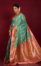 Traditional Paisley Motif Work Katan Silk Sari in Teal Green, Cerise Pink and Golden Zari Work