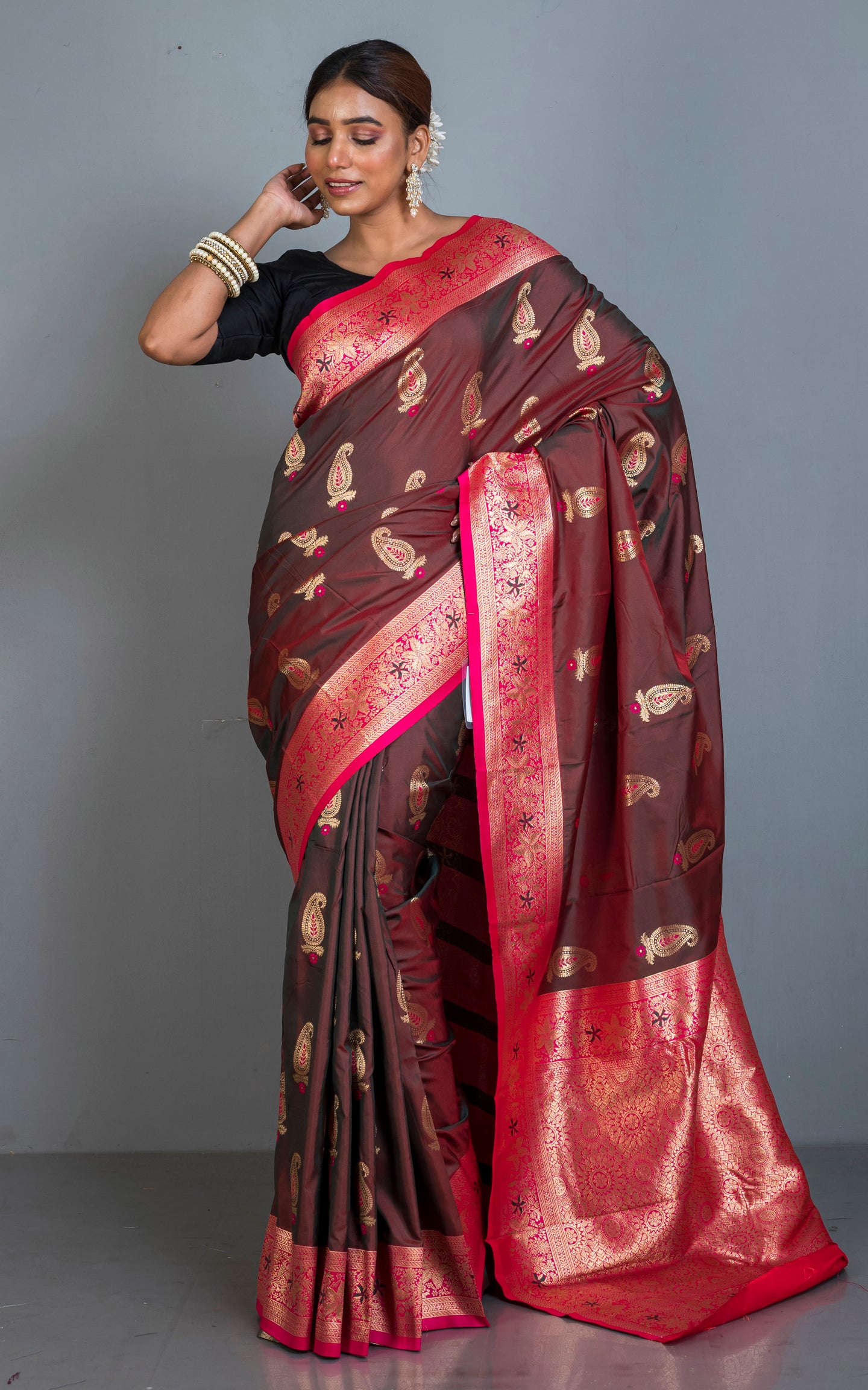 Traditional Paisley Motif Work Katan Silk Sari in Chocolate Brown, Cerise Pink and Golden Zari Work