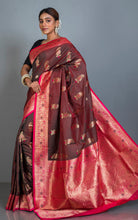 Traditional Paisley Motif Work Katan Silk Sari in Chocolate Brown, Cerise Pink and Golden Zari Work