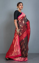 Traditional Paisley Motif Work Katan Silk Sari in Chocolate Brown, Cerise Pink and Golden Zari Work