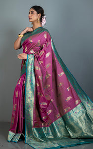 Traditional Paisley Motif Work Katan Silk Sari in Purple, Teal Blue and Golden Zari Work