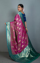 Traditional Paisley Motif Work Katan Silk Sari in Purple, Teal Blue and Golden Zari Work