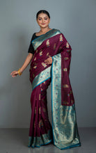 Traditional Paisley Motif Work Katan Silk Sari in Wine, Teal Blue and Golden Zari Work