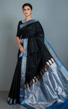 Traditional Self Nakshi Emboss Work Blended Silk Gadwal Saree with Rich Pallu in Black, Royal Blue and Antique Golden