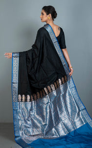 Traditional Self Nakshi Emboss Work Blended Silk Gadwal Saree with Rich Pallu in Black, Royal Blue and Antique Golden