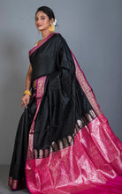 Traditional Self Nakshi Emboss Work Blended Silk Gadwal Saree with Rich Pallu in Black, Magenta and Antique Golden