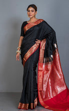 Traditional Self Nakshi Emboss Work Blended Silk Gadwal Saree with Rich Pallu in Black, Red and Antique Golden