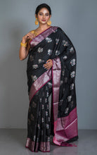 Traditional Softy Silk Kanchipuram Saree in Black, Magenta, Amber Orange and Antique SIlver