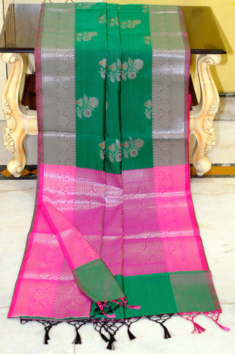 Traditional Softy Silk Kanchipuram Saree in Dark Green, Persian Rose and Antique Silver