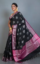 Traditional Softy Silk Kanchipuram Saree in Black, Magenta, Amber Orange and Antique SIlver