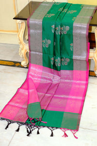 Traditional Softy Silk Kanchipuram Saree in Dark Green, Persian Rose and Antique Silver