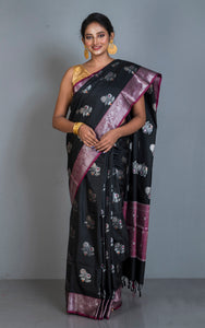 Traditional Softy Silk Kanchipuram Saree in Black, Magenta, Amber Orange and Antique SIlver