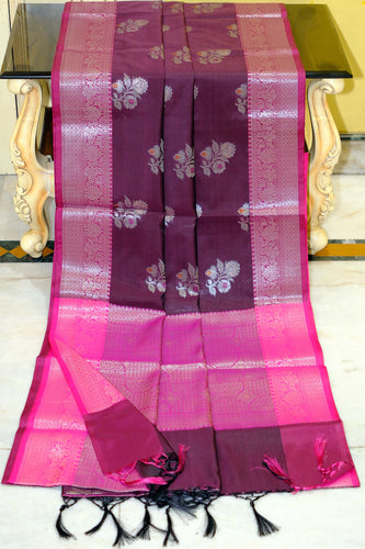 Traditional Softy Silk Kanchipuram Saree in Blackberry, Mulberry and Antique Silver