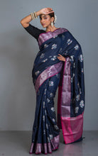 Traditional Softy Silk Kanchipuram Saree in Midnight Blue, Magenta, Amber Orange and Antique SIlver