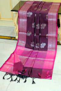 Traditional Softy Silk Kanchipuram Saree in Blackberry, Mulberry and Antique Silver