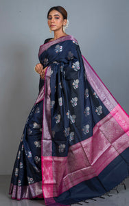 Traditional Softy Silk Kanchipuram Saree in Midnight Blue, Magenta, Amber Orange and Antique SIlver