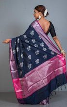 Traditional Softy Silk Kanchipuram Saree in Midnight Blue, Magenta, Amber Orange and Antique SIlver