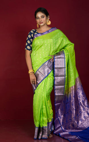 Traditional Blended Silk Paithani Sari in Bright Green, Royal Blue and Water Gold Zari Work