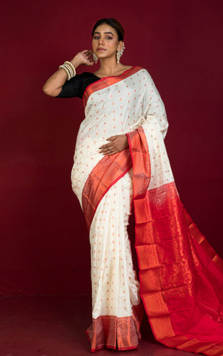 Traditional Blended Silk Paithani Sari in Off White, Red and Copper Zari Work