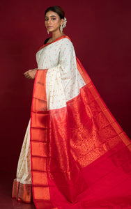 Traditional Blended Silk Paithani Sari in Off White, Red and Copper Zari Work
