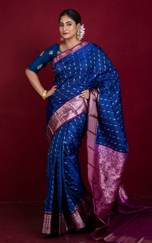 Traditional Blended Silk Paithani Sari in Ink Blue, Purple and Water Gold Zari Work