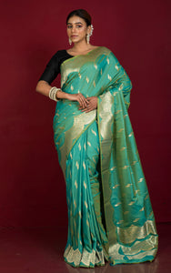 Designer Necklace Katan Silk Sari in Sea Green and Golden Zari Work